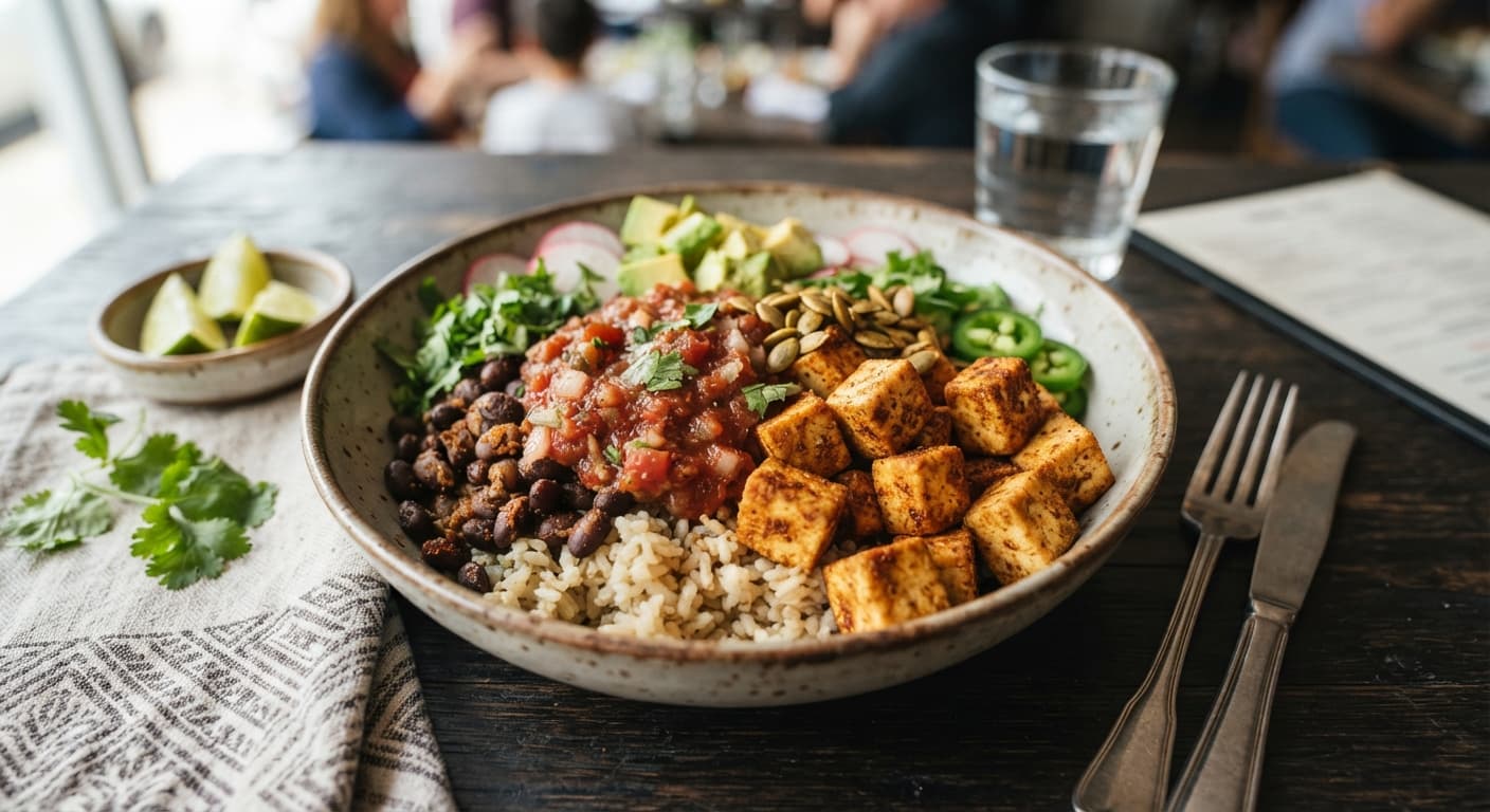 Crispy Tofu and Black Bean Rice Bowl with Salsa Roja