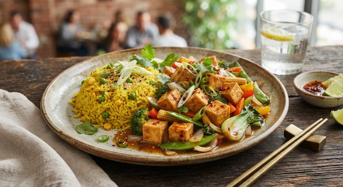 Crispy Tofu Stir-Fry with Yellow Rice