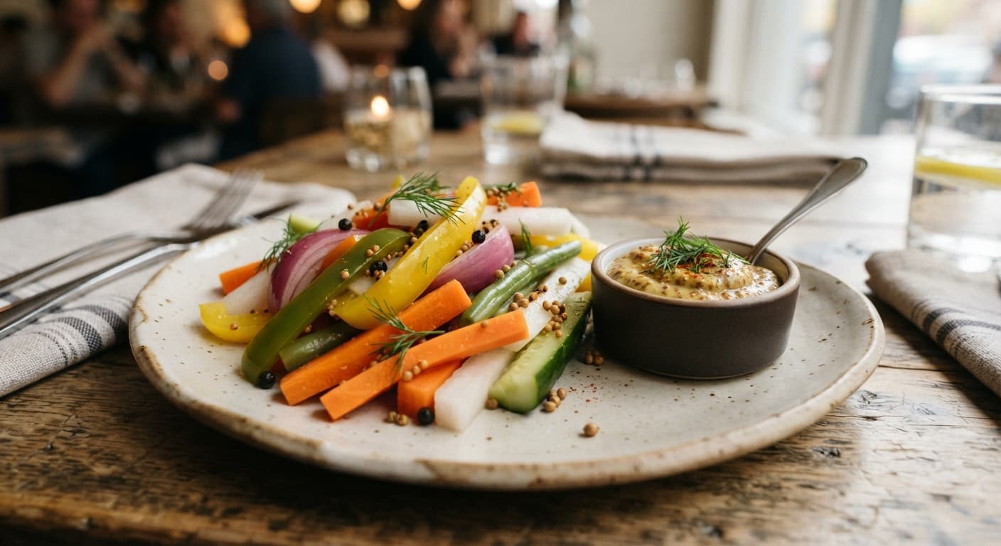 Crunchy Pickled Veggie Sticks with Mustard Dip