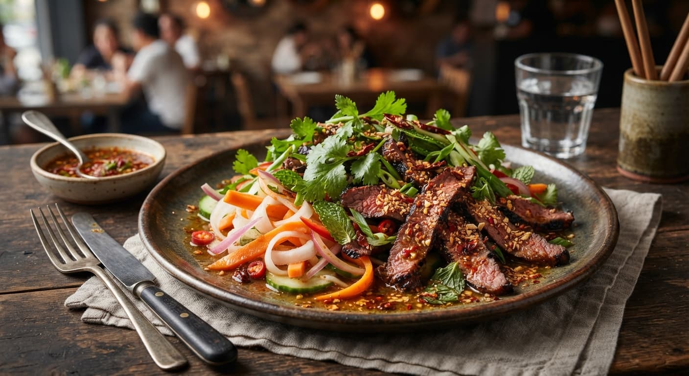 Crying Tiger Beef Jerky Salad with Pickled Veggies