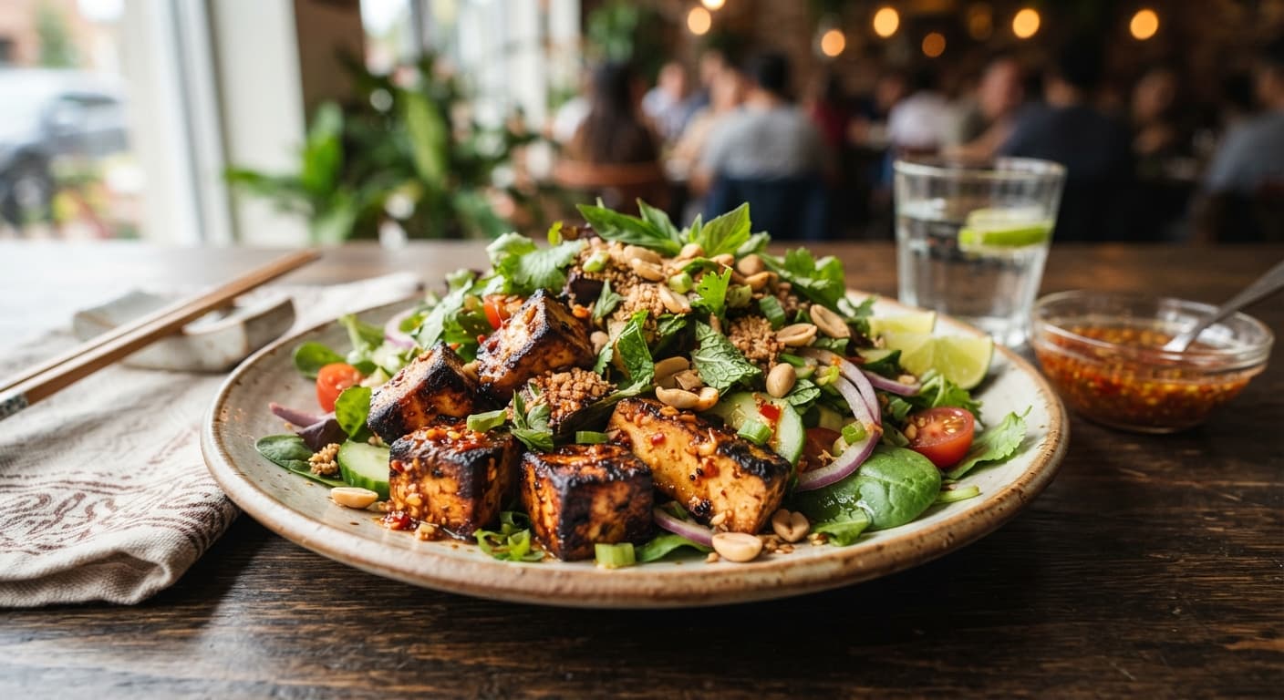 Crying Tiger Tofu (firm) Salad with Chili‑Garlic Sauce