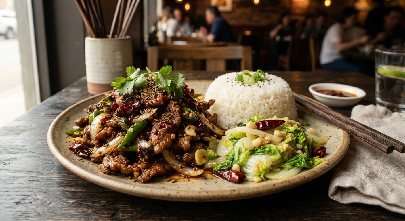 Cumin Lamb with Jasmine Rice and Cabbage