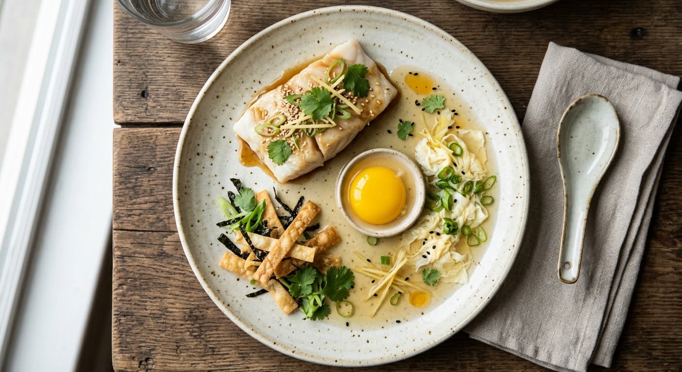 Deconstructed Egg Drop Soup with Ginger-Soy Poached Cod