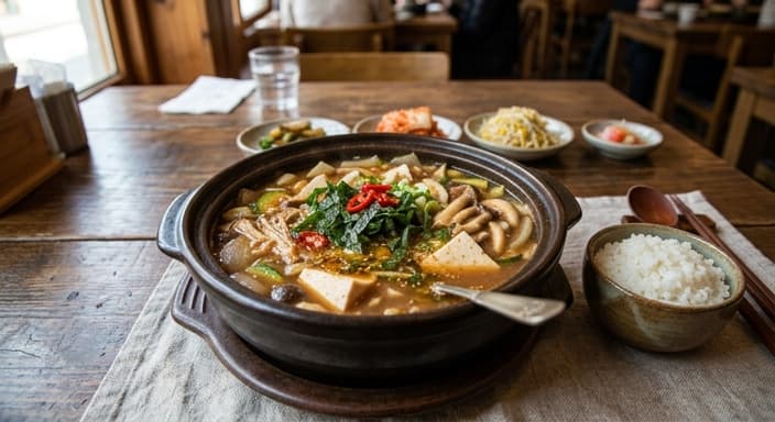 Doenjang Jjigae with Soft Tofu, Mushrooms, and Perilla Oil