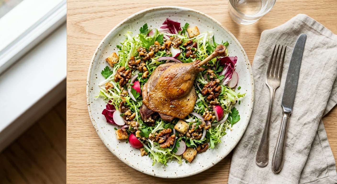 Duck Confit Salad with Frisée and Walnut Vinaigrette