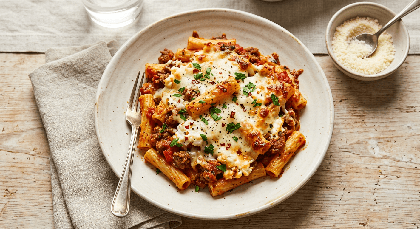 Easy Baked Ziti With Ricotta And Mozzarella