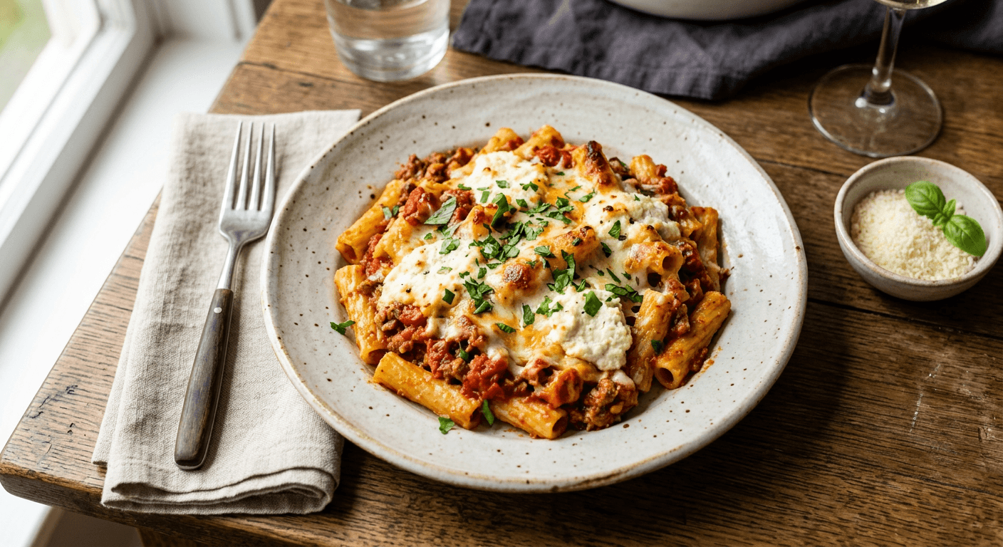 Easy Baked Ziti With Ricotta And Mozzarella