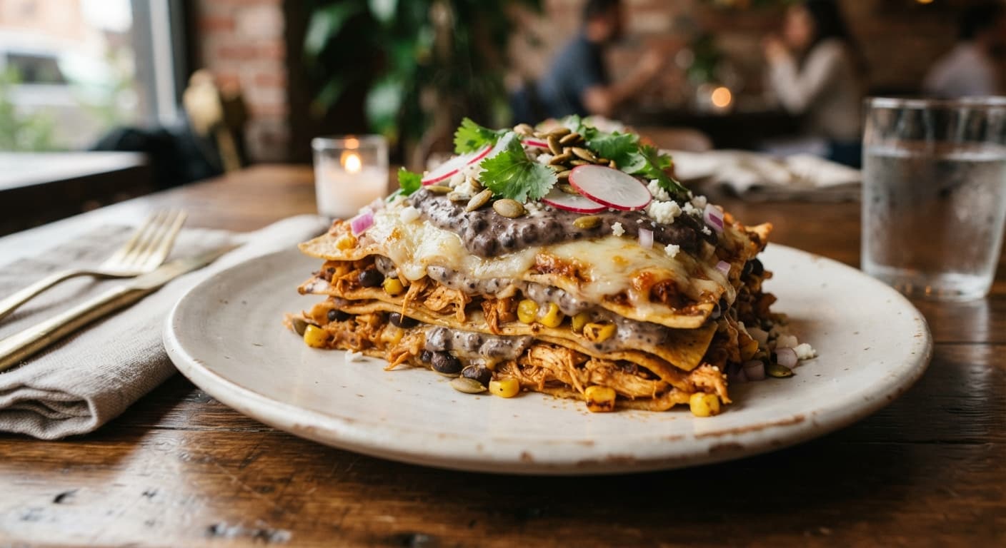 Enchilada Lasagna with Black Bean Bechamel