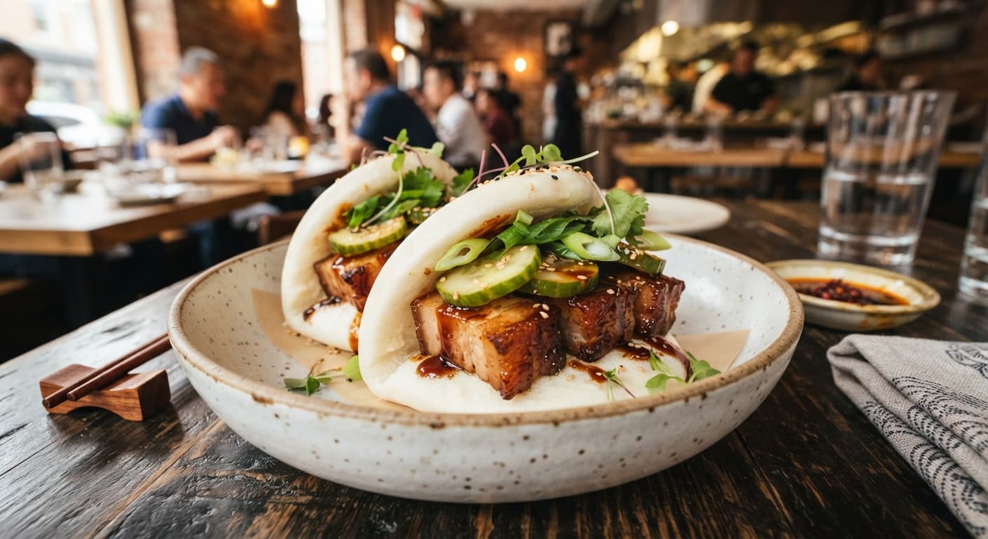 Five-Spice Crispy Pork Belly Bao with Pickled Cucumber and Scallion Drizzle