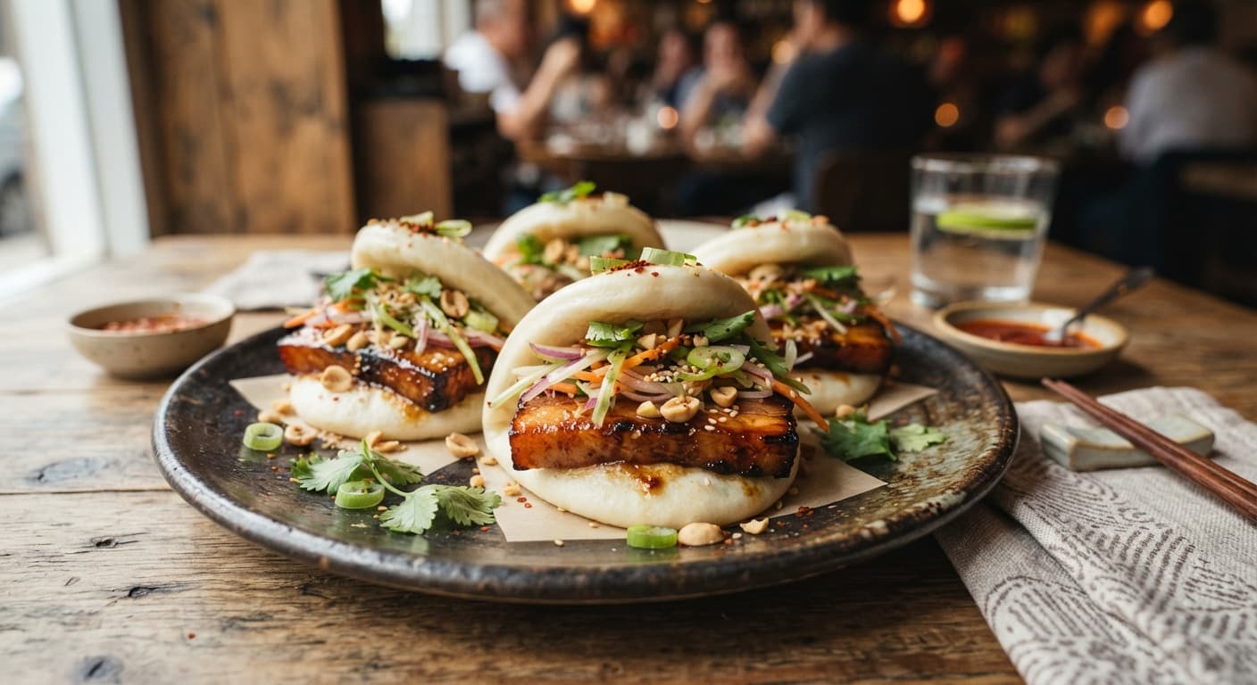 Five-Spice Honey-Glazed Pork Belly Bao with Scallion Slaw