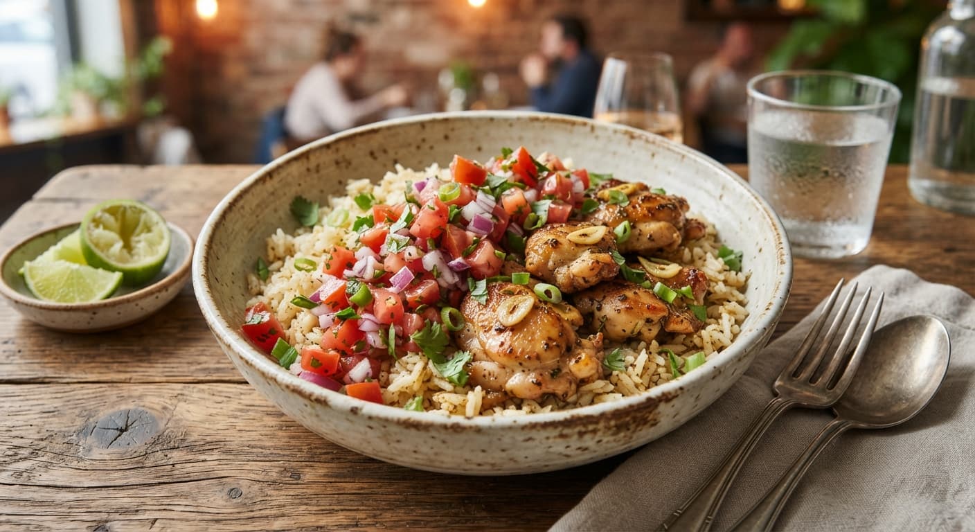 Garlic Chicken and Rice Bowl with Tomato Salsa