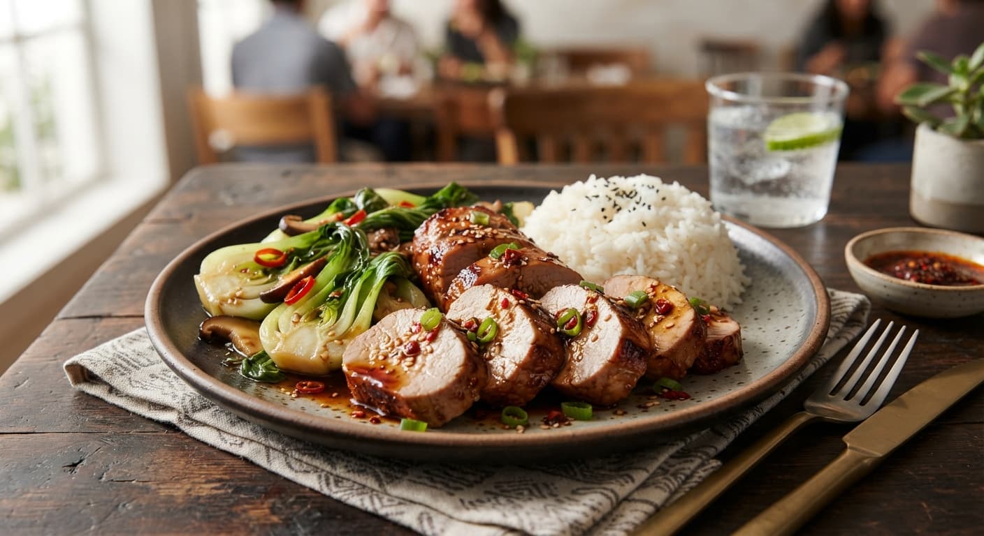 Garlic Glazed Pork Tenderloin with Bok Choy and Rice