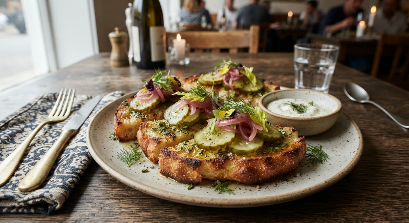 Garlic-Herb Flatbread Toast with Pickles