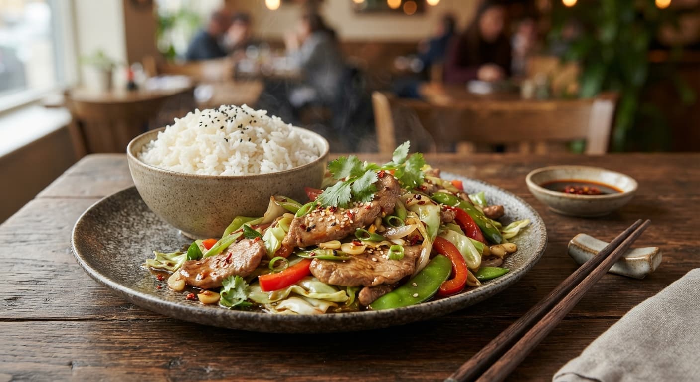 Garlic Pork and Cabbage Stir-Fry with Steamed Rice