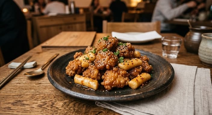 Garlic Sesame Chicken Gangjung with Rice Cake