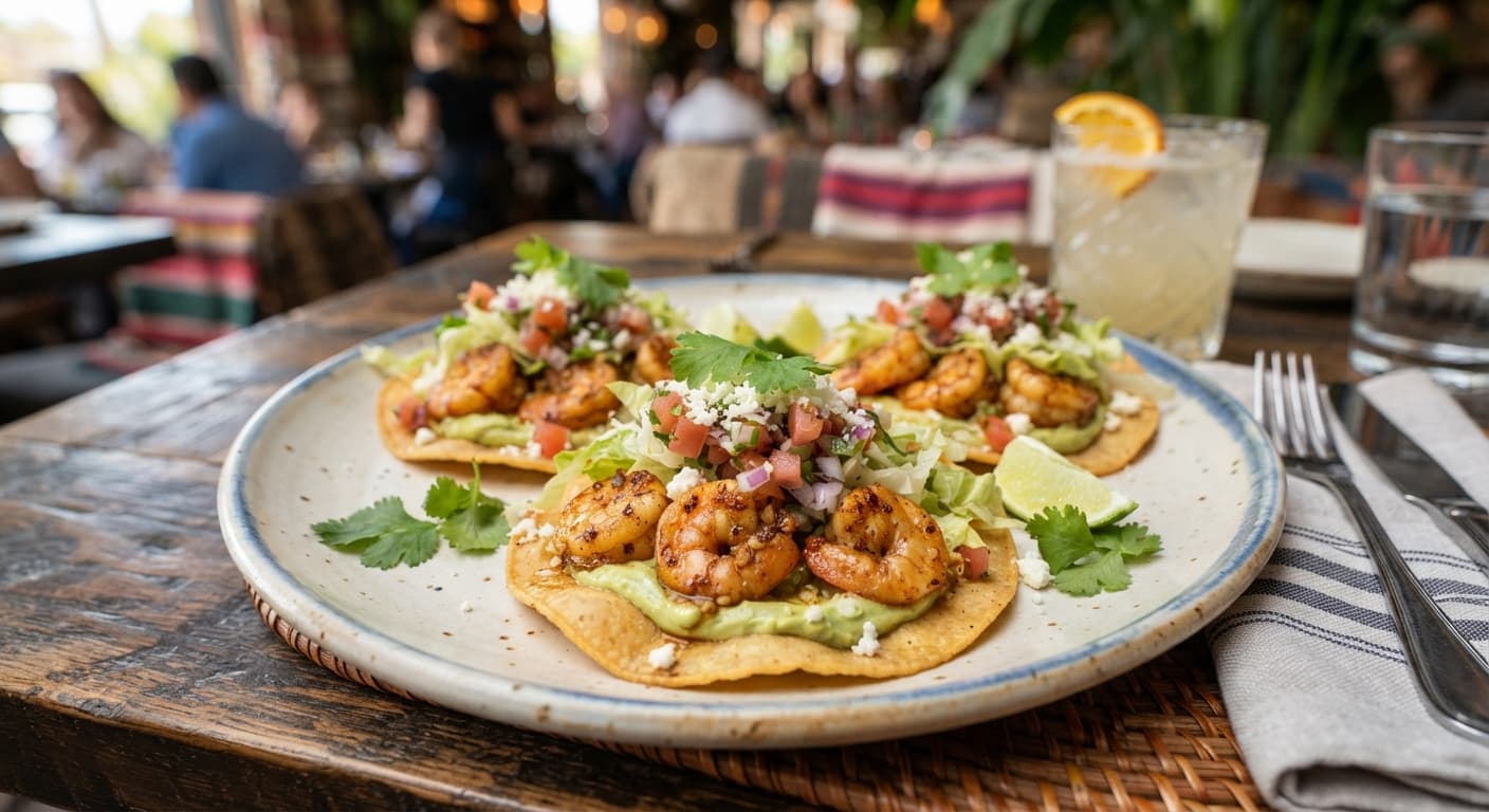 Garlic Shrimp Tostadas with Avocado Crema