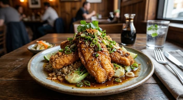 Garlic-Soy Fried Catfish with Sesame Scallion Sauce