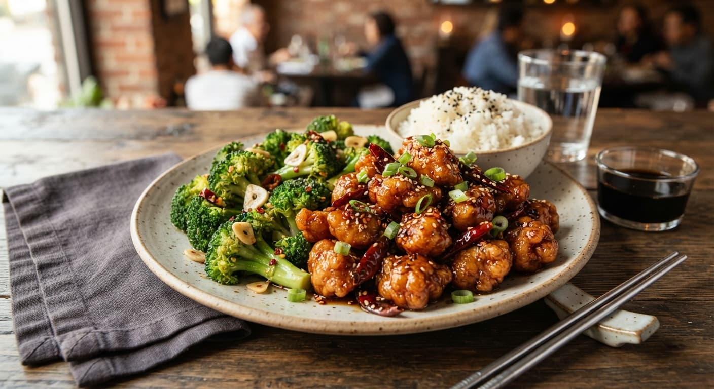 General Tso's Style Crispy Chicken with Garlic Broccoli