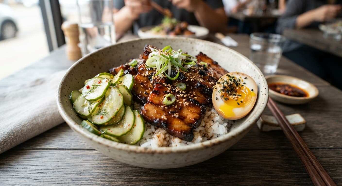 Glazed Pork Belly Rice Bowl with Quick Pickled Cucumbers and Soft-Cooked Egg-Style Topping