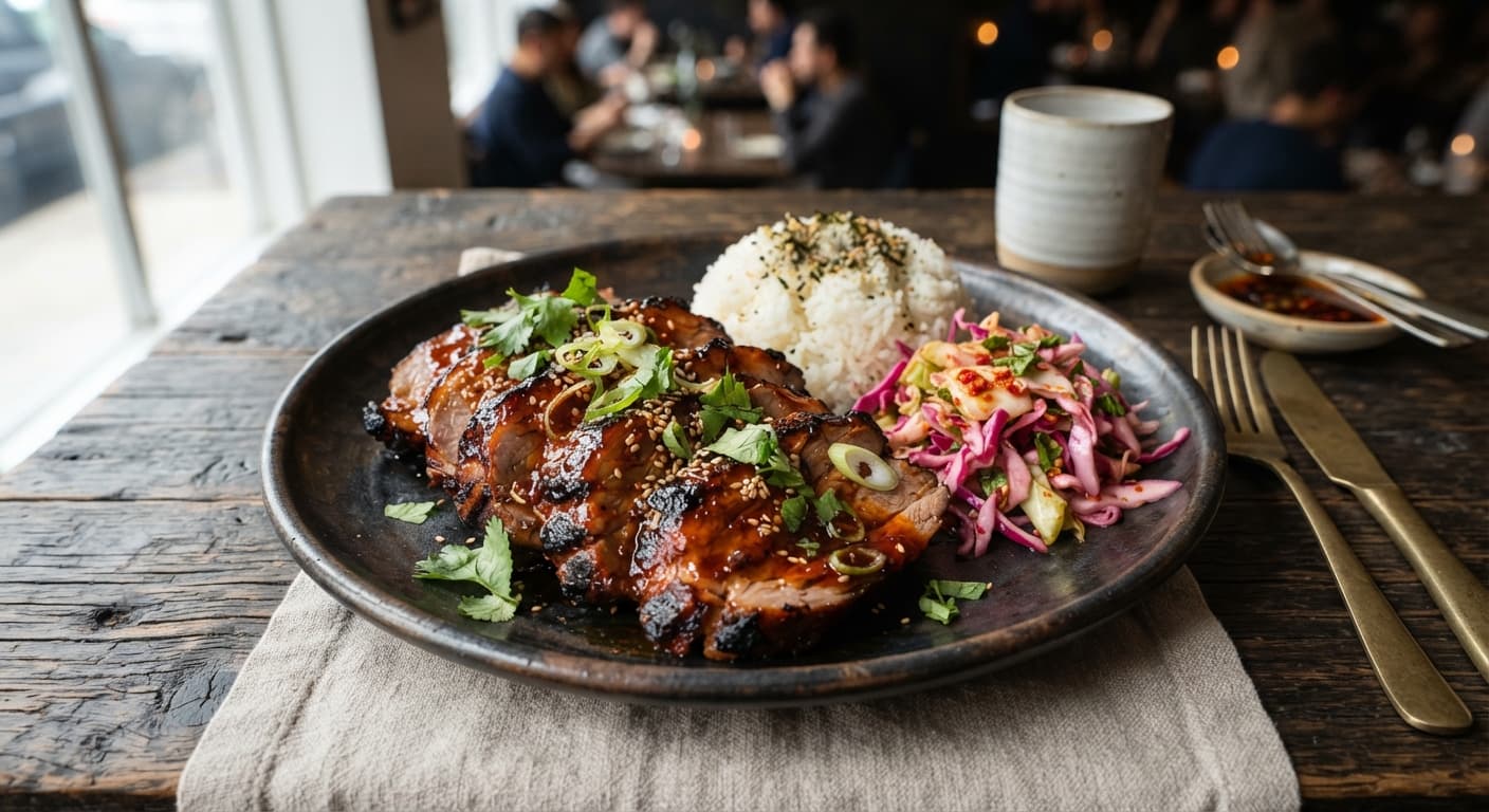 Gochugaru-Glazed Lamb Shoulder with Quick-Pickled Cabbage and Steamed Rice