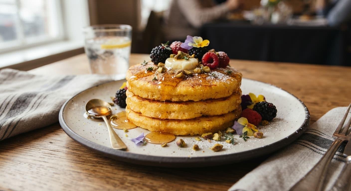 Golden Polenta Pancakes with Honey