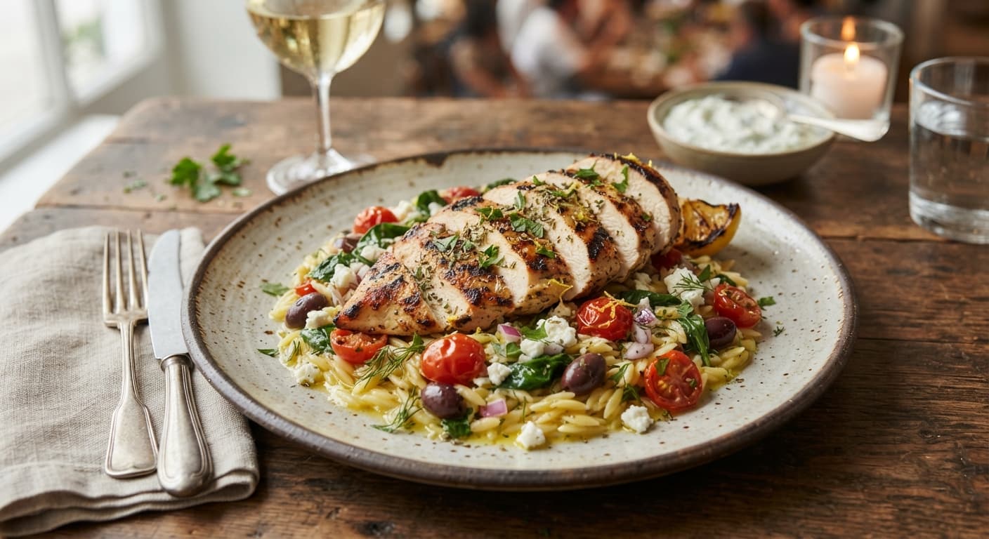 Greek Lemon‑Garlic Grilled Chicken with Orzo