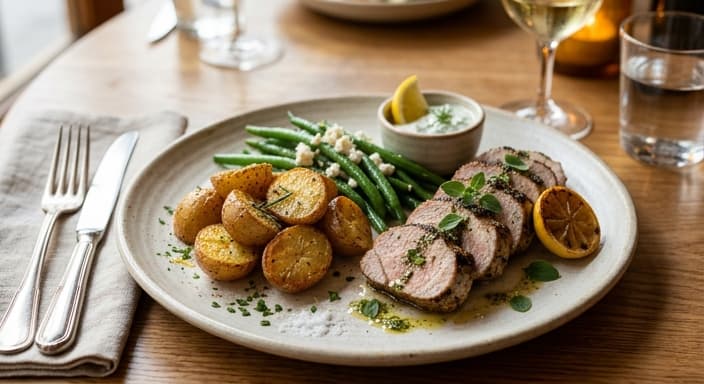 Greek Lemon Herb Pork with Roasted Potatoes and Green Beans