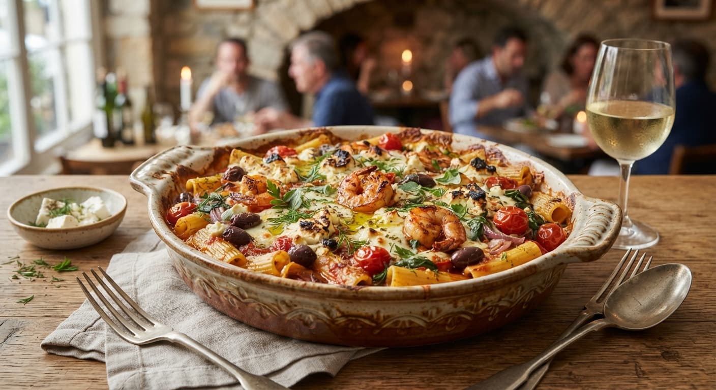 Greek Shrimp and Feta Pasta Bake