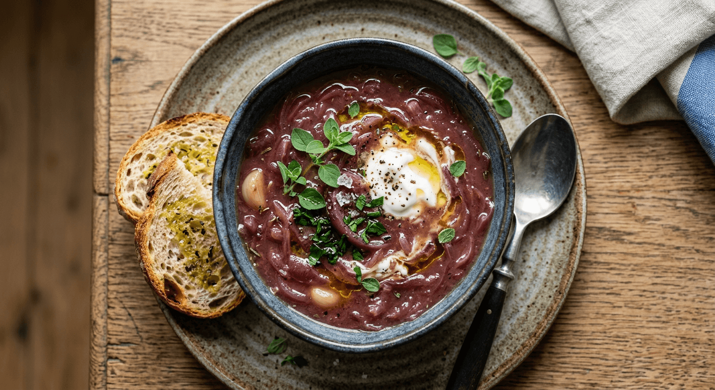 Greek Style Red Onion Soup with Ouzo