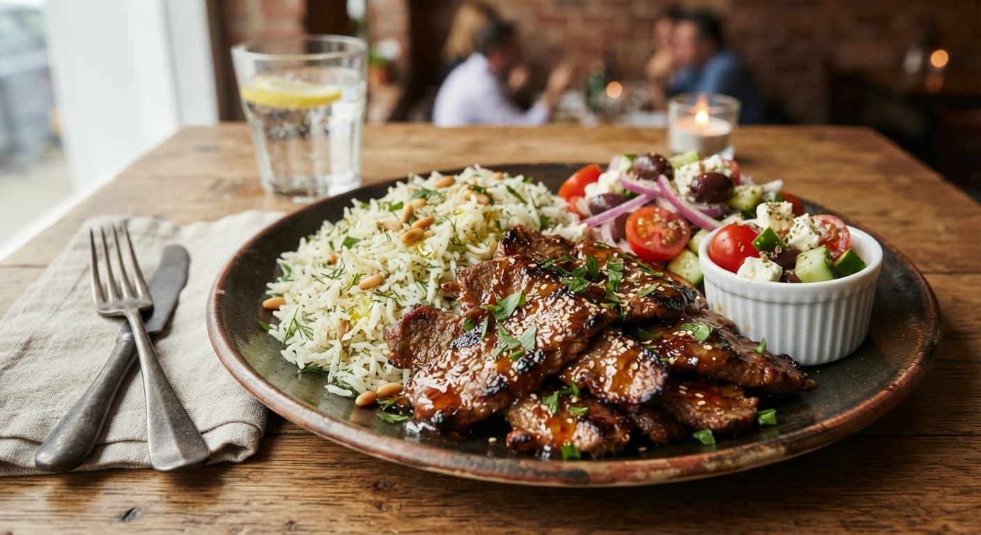 Gyros-Spiced Beef with Rice and Sweet Chili Glaze