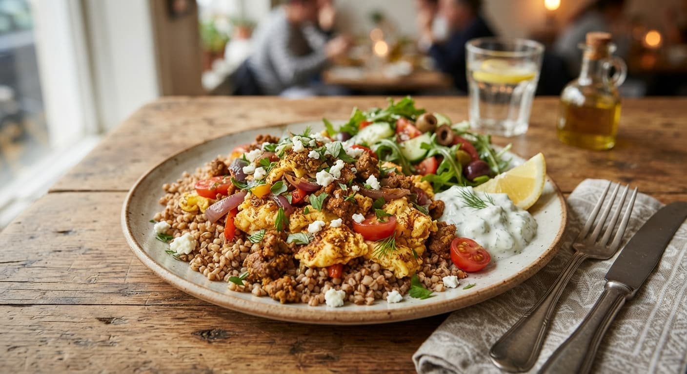 Gyros-Spiced Egg Scramble with Buckwheat