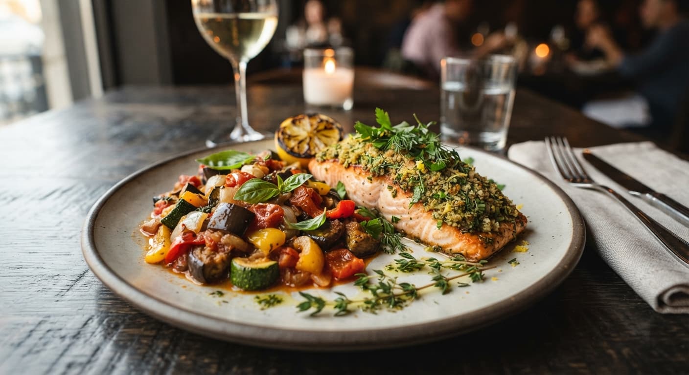Herb‑Crusted Salmon with Ratatouille (Low‑Sodium)