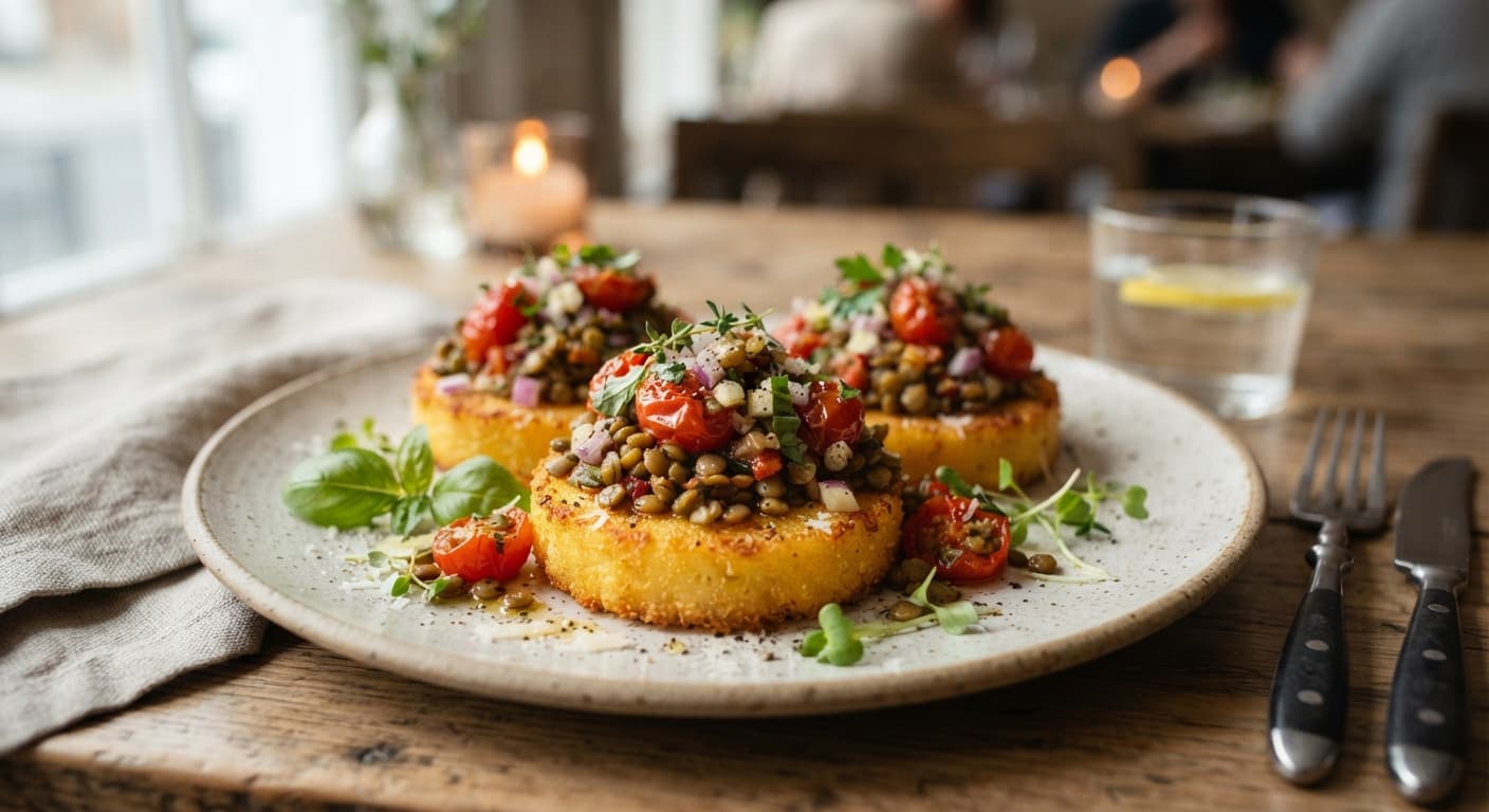 Herbed Lentil and Tomato Bruschetta on Polenta Cakes