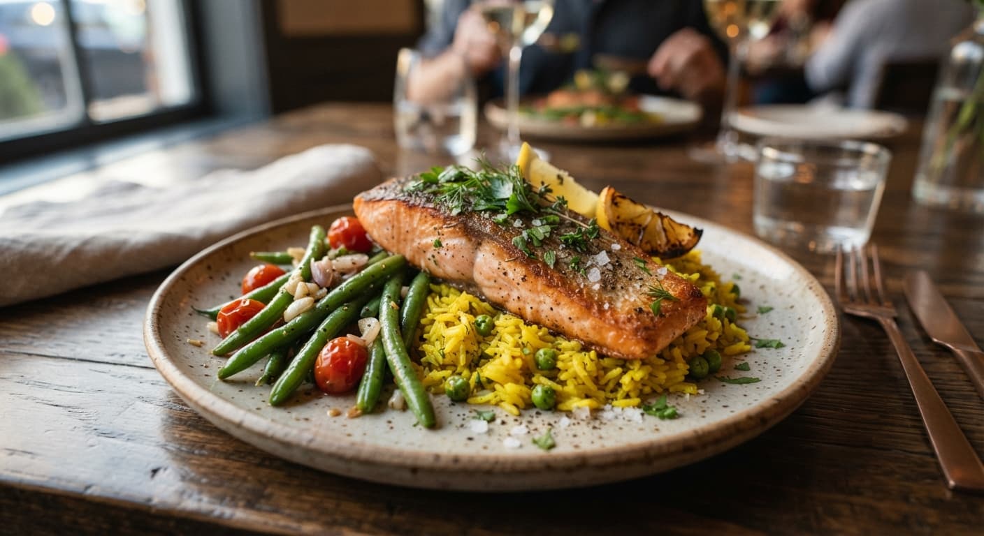 Herbed Salmon with Yellow Rice and Green Beans