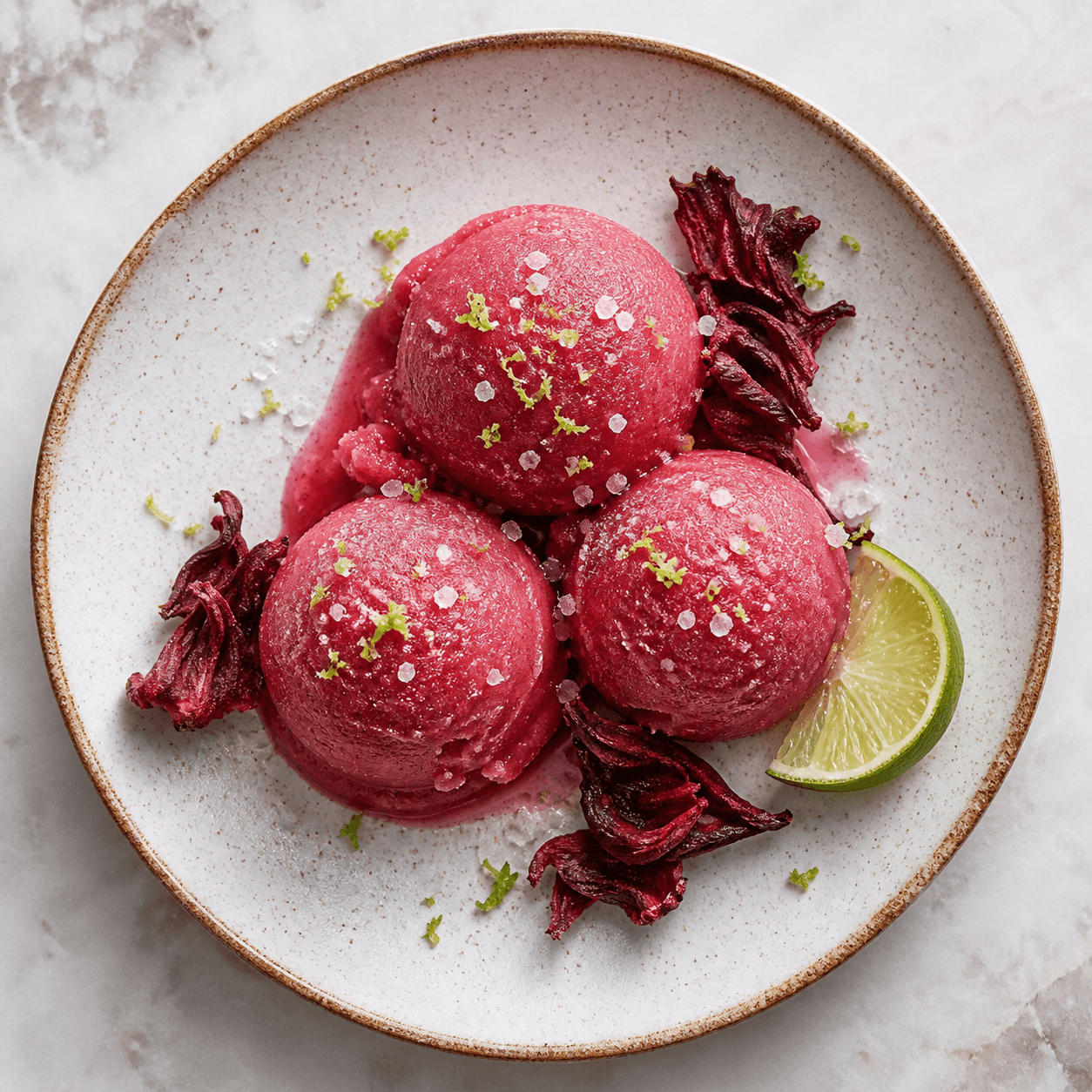 Hibiscus Coconut Sorbet with Lime Zest & Sea Salt
