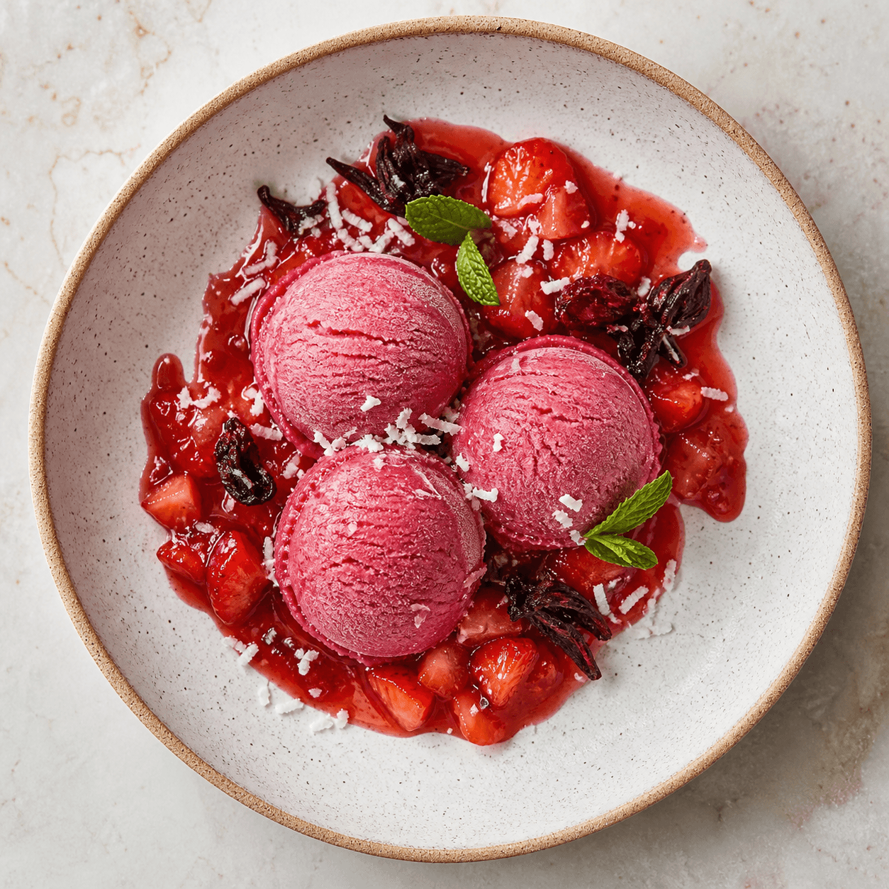 Hibiscus Coconut Sorbet with Strawberry Compote