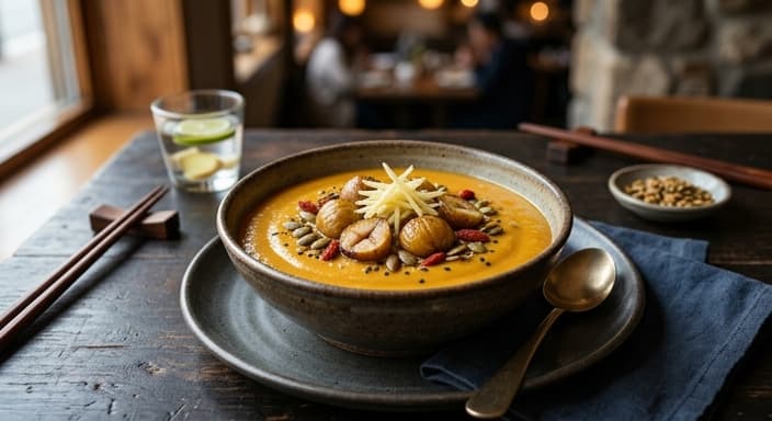 Hobakjuk (Korean Pumpkin Porridge) with Roasted Chestnut and Ginger