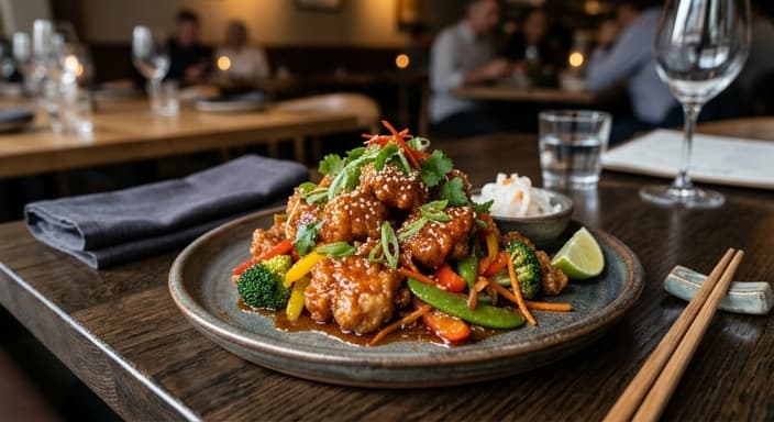 Honey-Gochujang Chicken Gangjeong with Crunchy Vegetables
