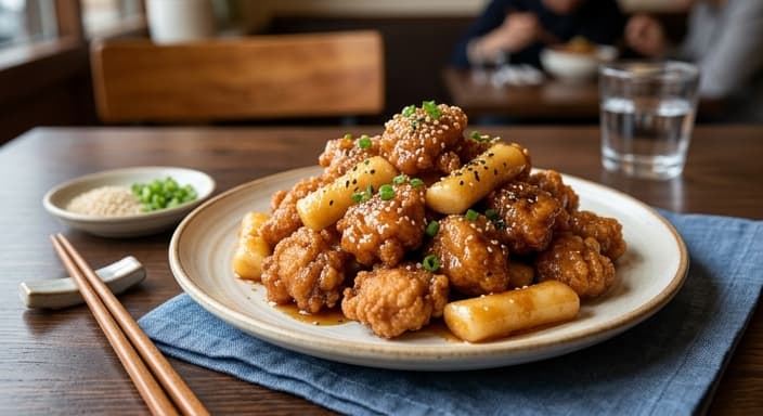 Honey-Gochujang Chicken Gangjung (Kid-Friendly) with Rice Cake