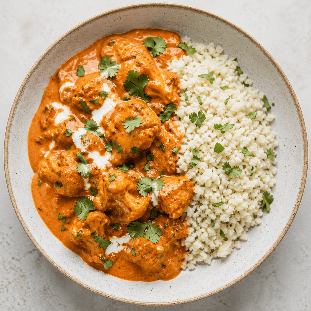Indian Butter Chicken-Style Cauliflower Rice Bowl (Low-Carb)
