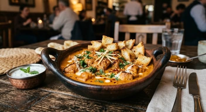 Indian Butter Chicken-Style Skillet with Naan Croutons