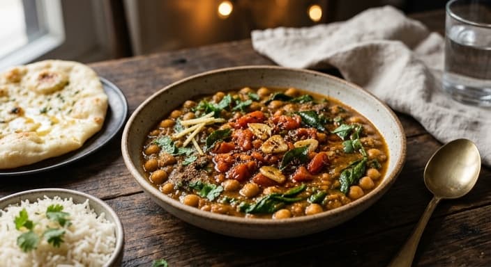Indian Chickpea & Spinach Coconutless Curry with Tomato-Tadka