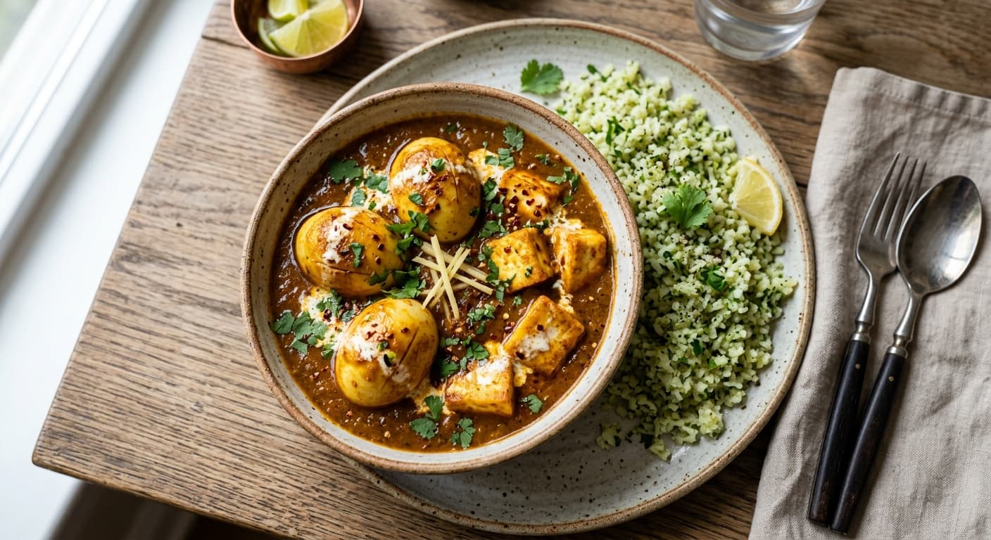 Indian Egg Curry (Anda Masala) with Paneer and Riced Broccoli