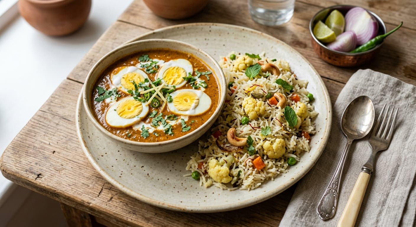 Indian Egg Curry (Ande Ka Salan) with Cauliflower Pilau