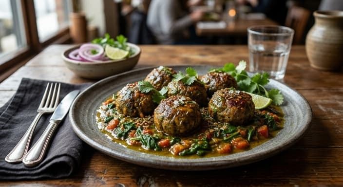 Indian Low-Carb Breakfast Yogurtless Eggplant Kofta with Spinach-Tomato Sauce