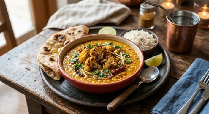 Indian Red Lentil Dal with Roasted Cauliflower