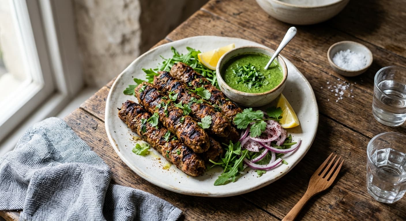 Indian Spiced Lamb Seekh Kebabs with Mint Chutney