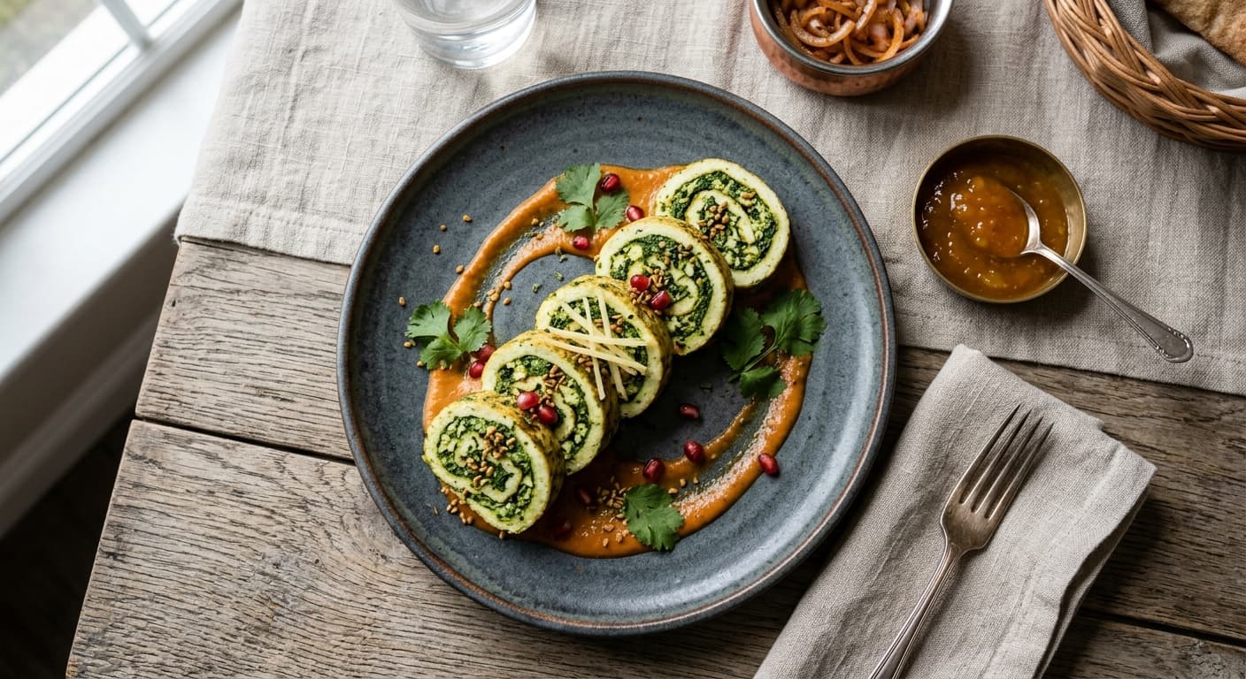 Indian Spiced Paneer and Spinach Roulade