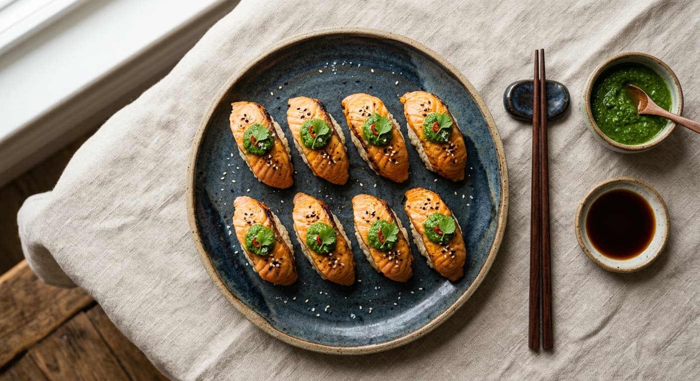 Indian Spiced Salmon Nigiri with Mint Chutney