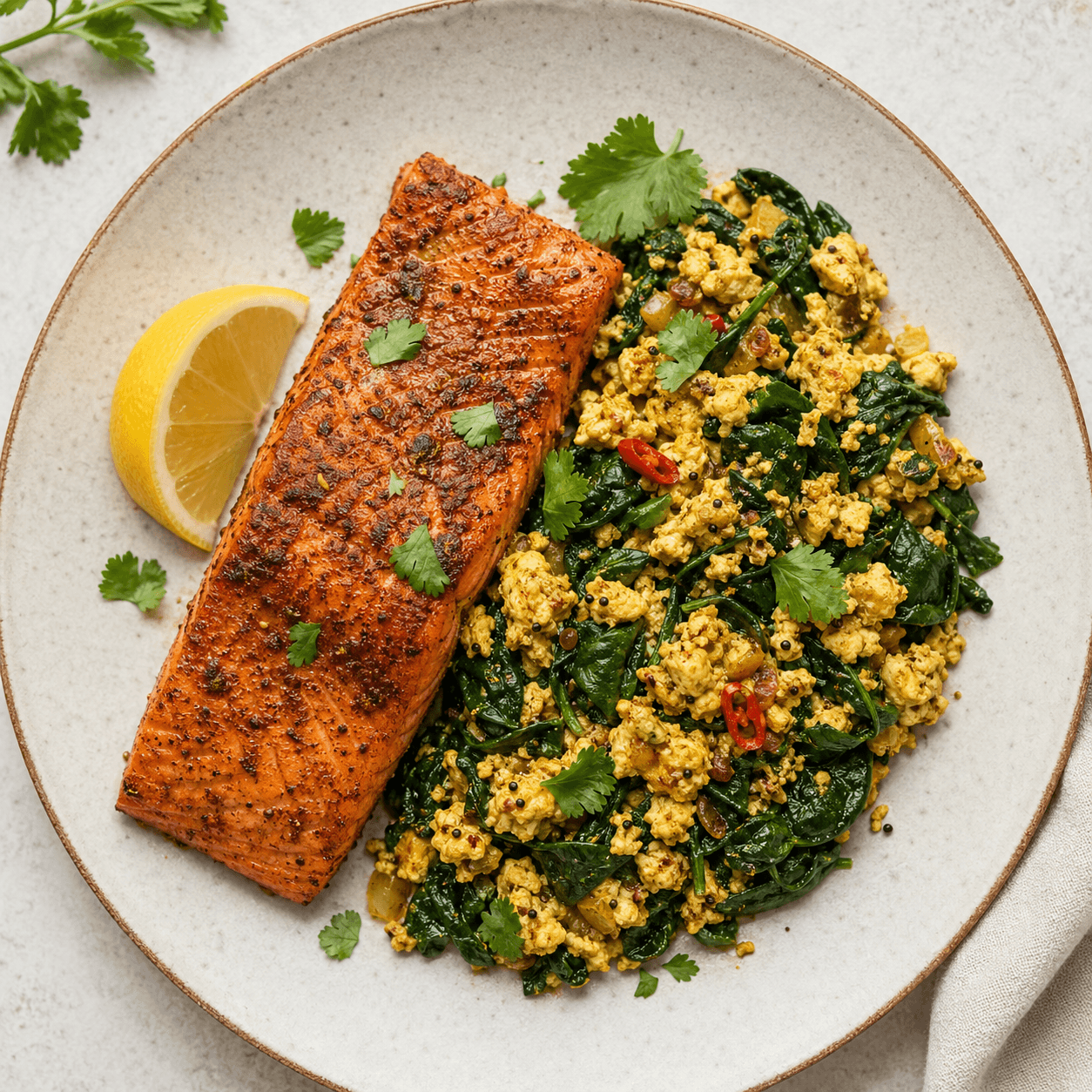 Indian-Spiced Salmon with Spinach Egg Tadka (Low-Carb)